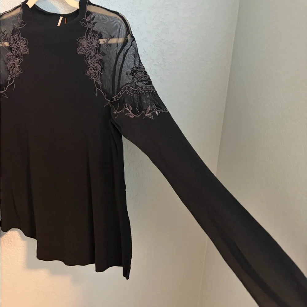 Free People Black Embroidered Sheer Mesh Top Long Sleeve Boho - Picture 3 of 4